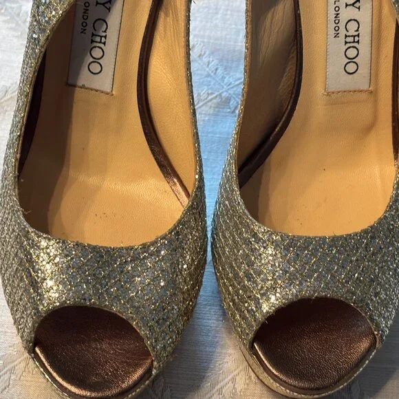 Jimmy Choo Champagne /Gold PlatformGlitter Shoes-